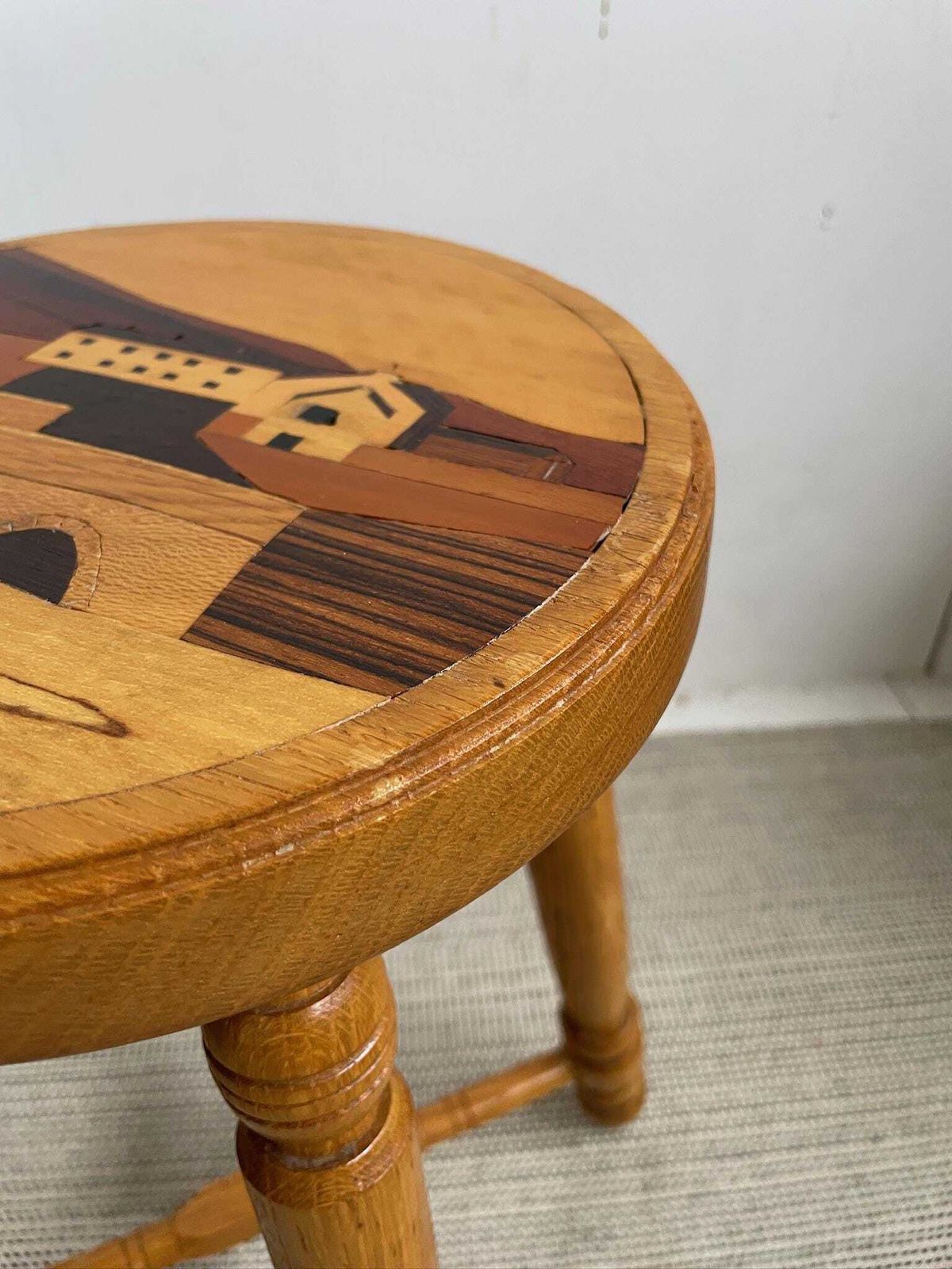 Small Arts And Crafts Traditional Style Stool With Wooden Inlay Of Kettlewell By J Hammond photo for sale