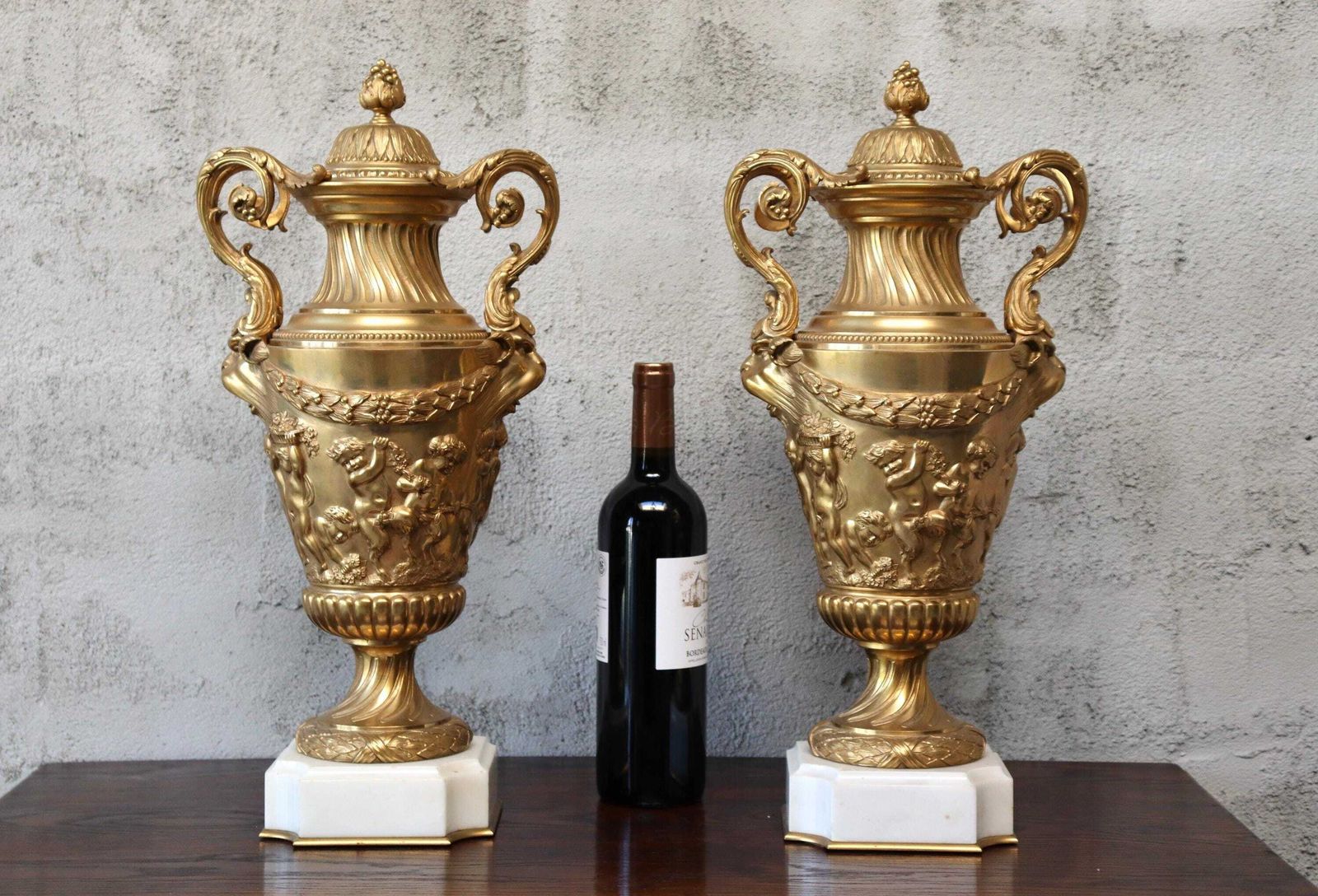 photo for sale Antique Set Of Two 19th Century Ormolu Bronze Cassolette Vases After French Sculptor Clodion (St.232)