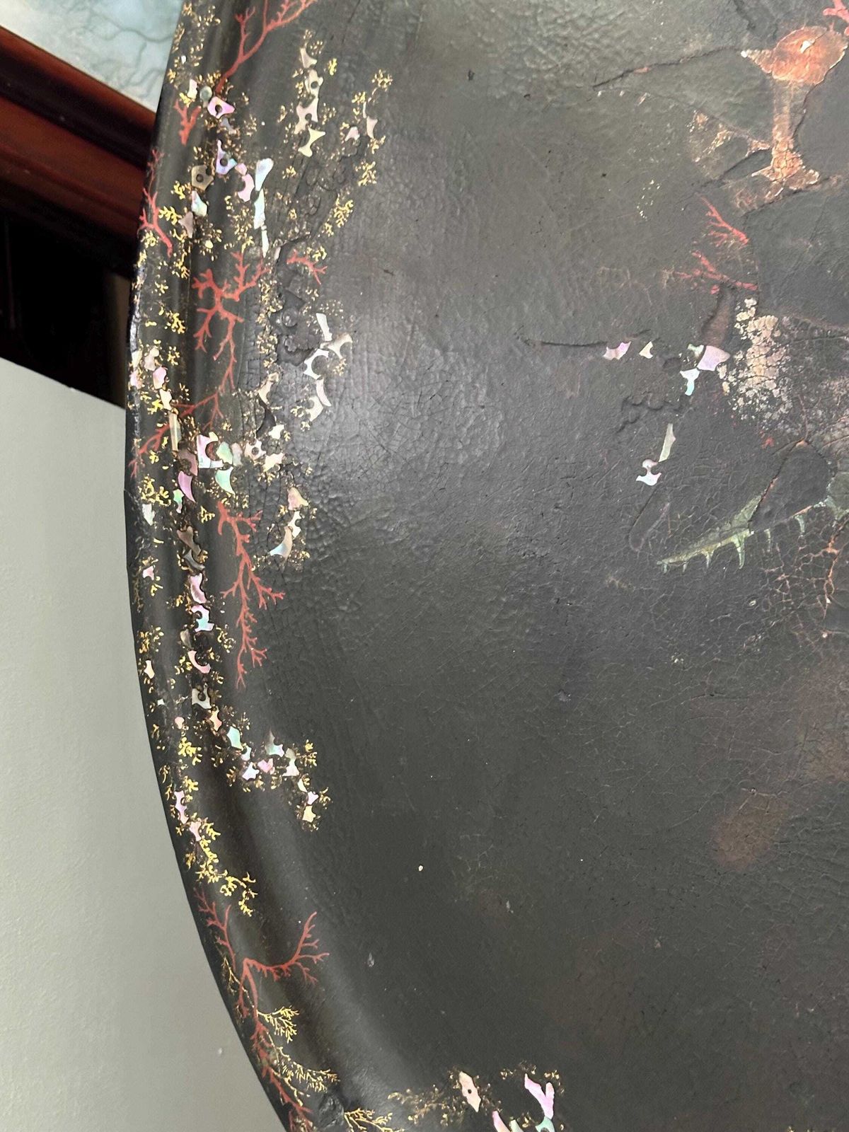 Antique Victorian Papier Mache Tray On Stand With Mother Of Pearl Inlay photo vinterior