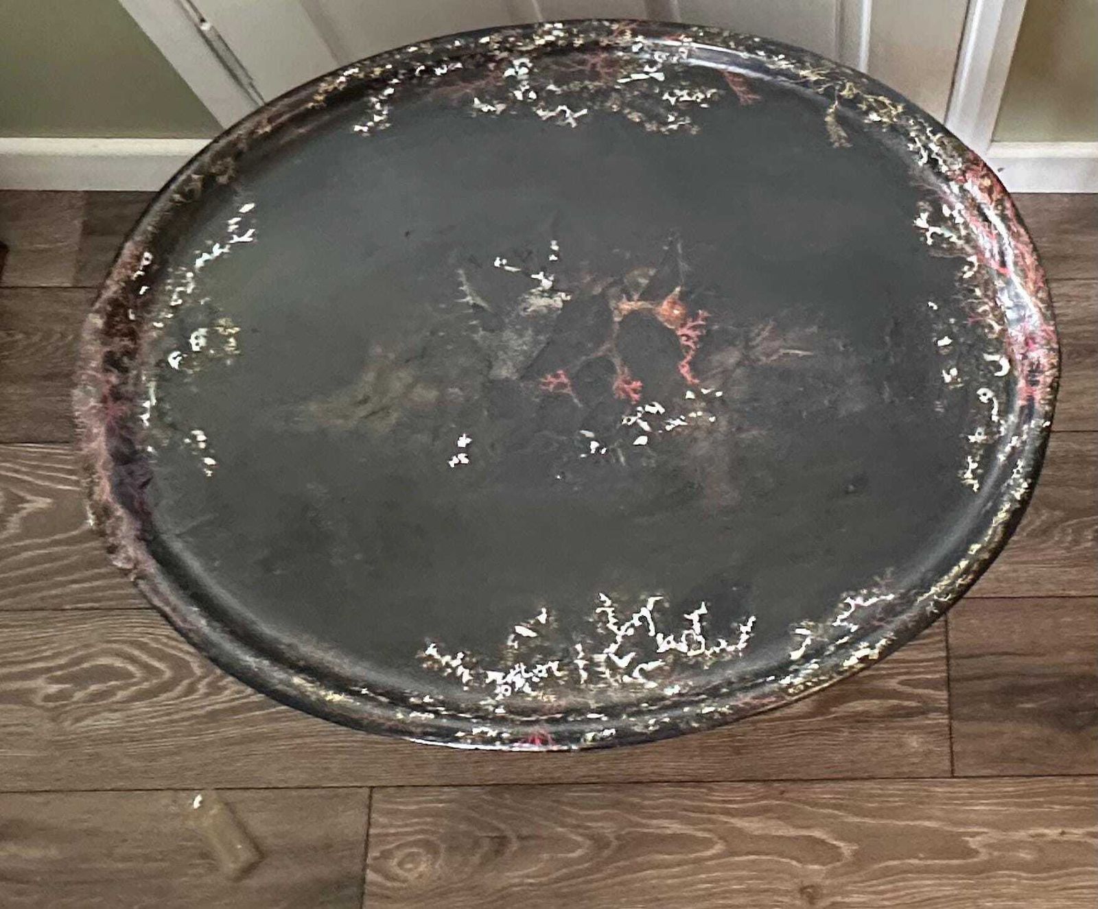 photo furniture Antique Victorian Papier Mache Tray On Stand With Mother Of Pearl Inlay
