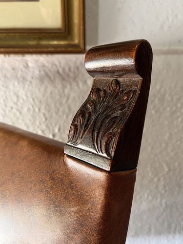 Large Antique Arts & Crafts Solid Oak Antique Tan Leather King Throne Arm Chair photo furniture
