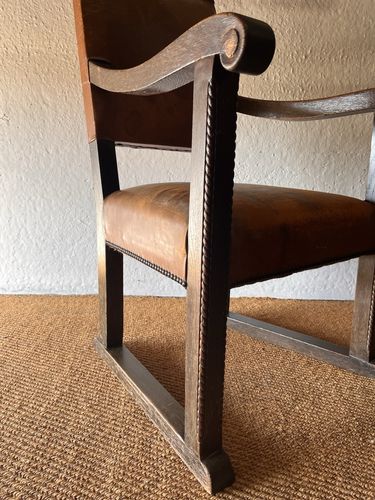 Large Antique Arts & Crafts Solid Oak Antique Tan Leather King Throne Arm Chair photo for sale