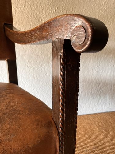 Large Antique Arts & Crafts Solid Oak Antique Tan Leather King Throne Arm Chair photo vintage