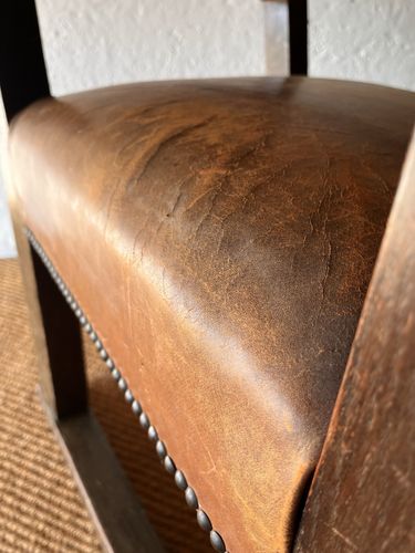 photo furniture Large Antique Arts & Crafts Solid Oak Antique Tan Leather King Throne Arm Chair