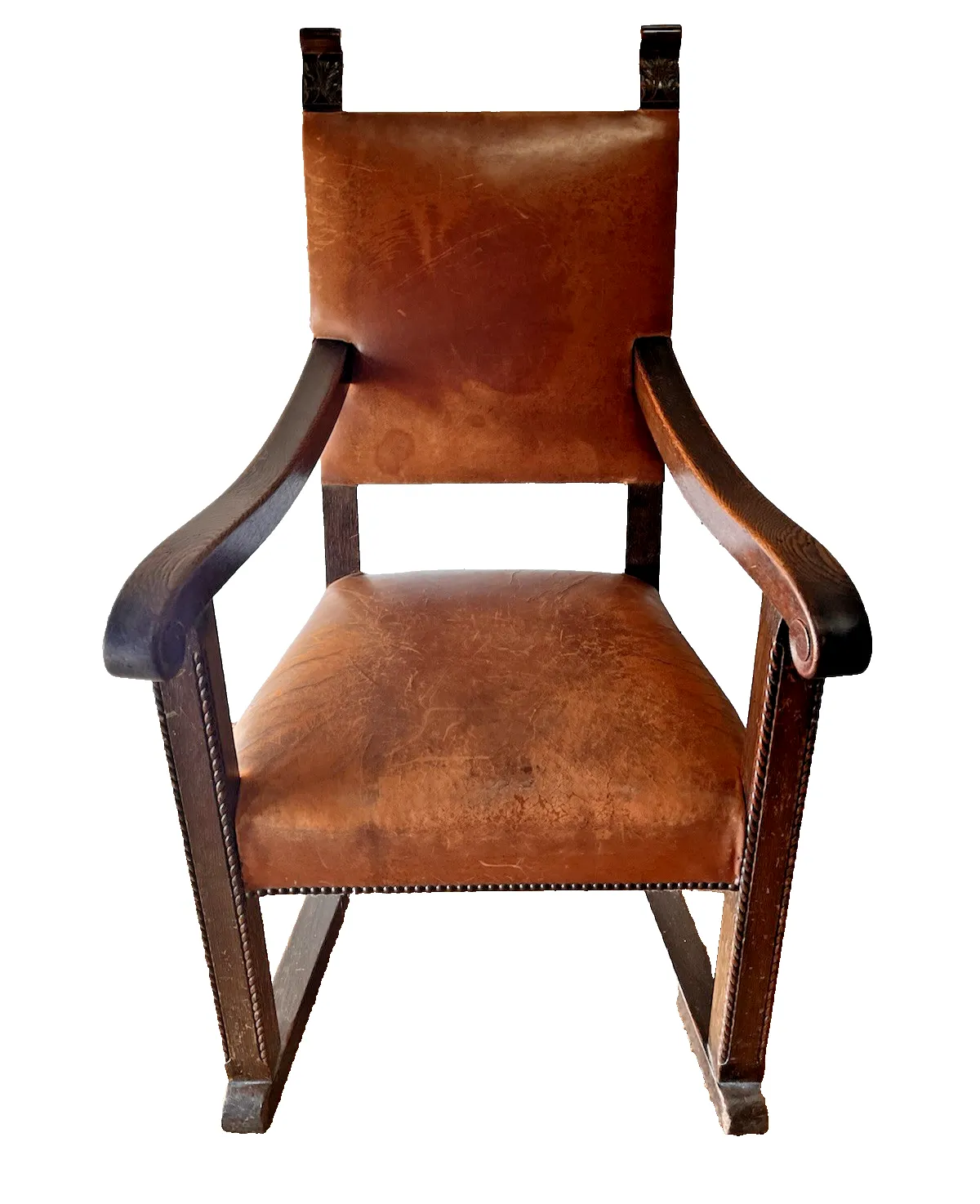 photo vinterior Large Antique Arts & Crafts Solid Oak Antique Tan Leather King Throne Arm Chair