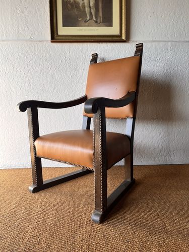 Large Antique Arts & Crafts Solid Oak Antique Tan Leather Queen Throne Arm Chair photo furniture