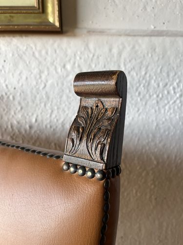 Large Antique Arts & Crafts Solid Oak Antique Tan Leather Queen Throne Arm Chair photo for sale