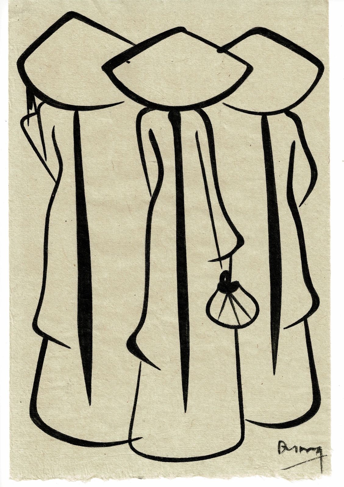 Vintage Vietnamese Cotton Canvas Pen And Ink Drawing Print Large