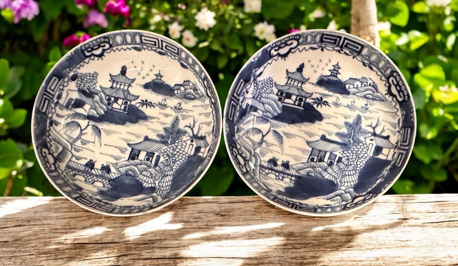 Antique Qing Dynasty Blue And White Porcelain Bowls Pair, C. 1800