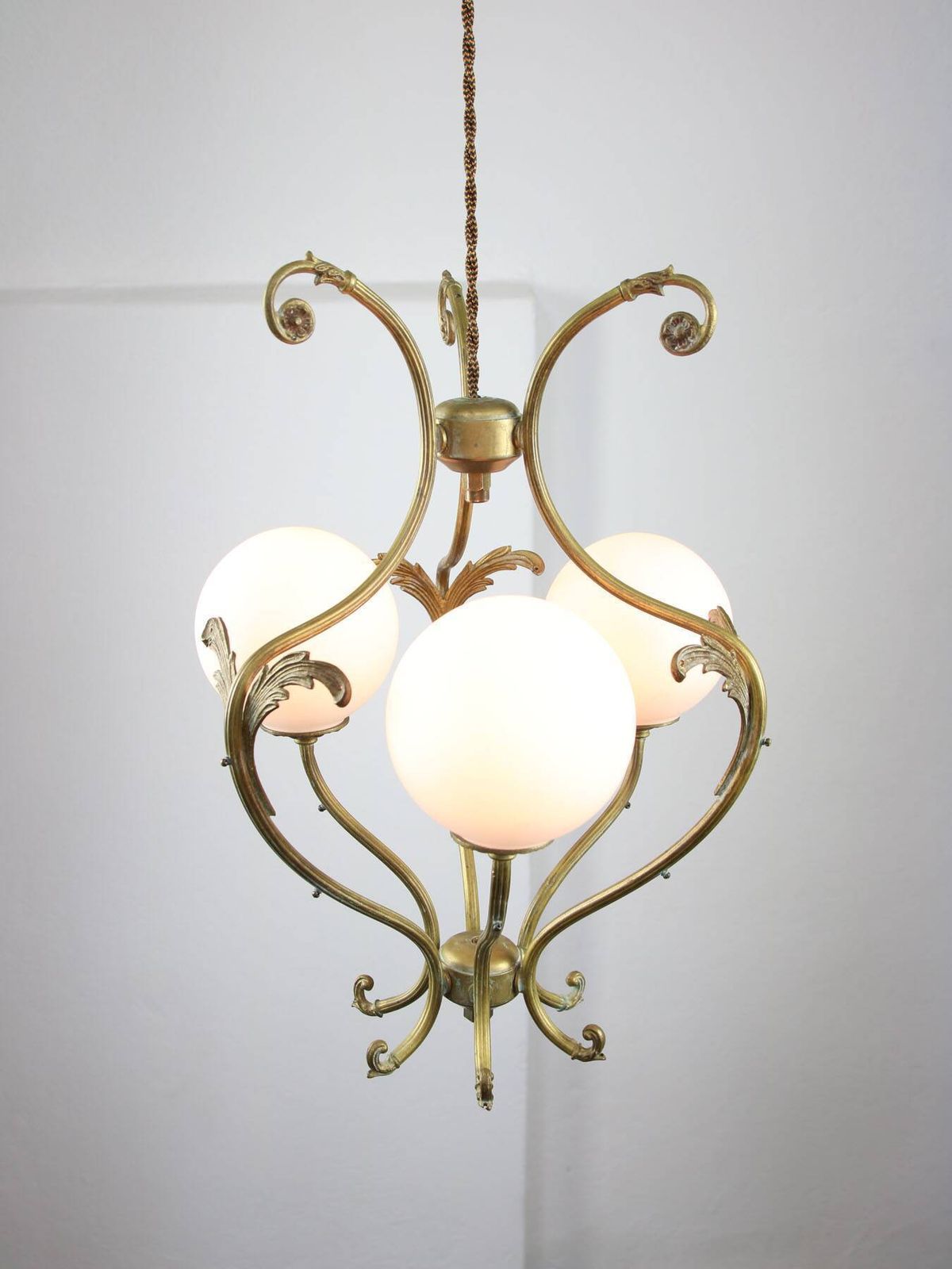 725.0 Antique Italian Brass And Opaline Chandelier photo