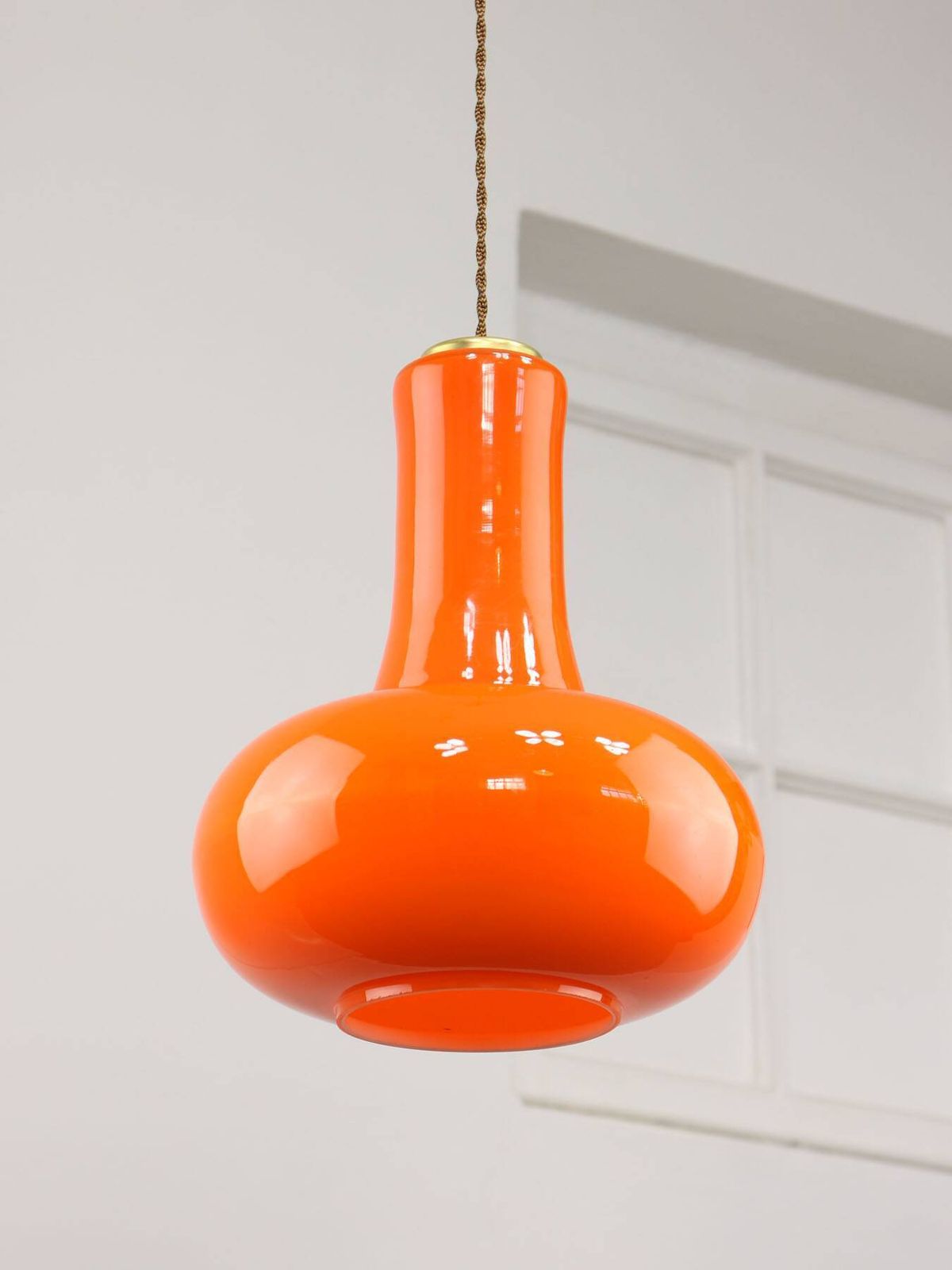 photo vintage Mid Century Italian Orange Glass And Brass Pendant Lamp