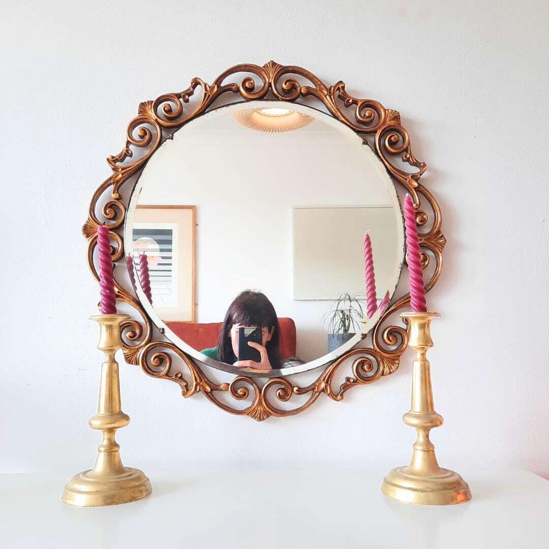 Large Mid Century Atsonea Round Giltwood Ornate Wall Mirror Bevelled Edge 1950's D 23'' Rococo Style