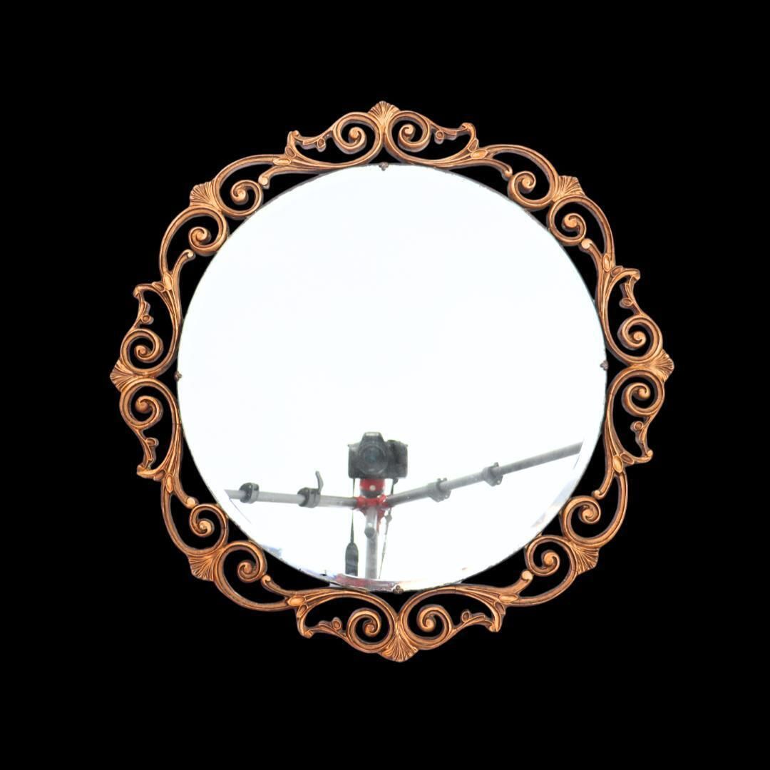 Large Mid Century Atsonea Round Giltwood Ornate Wall Mirror Bevelled Edge 1950's D 23'' Rococo Style photo furniture