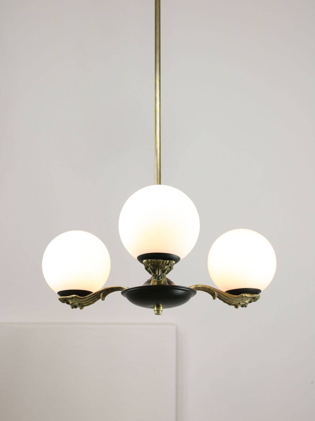 Art Deco French Brass And Opaline Chandelier, 1930 photo vintage