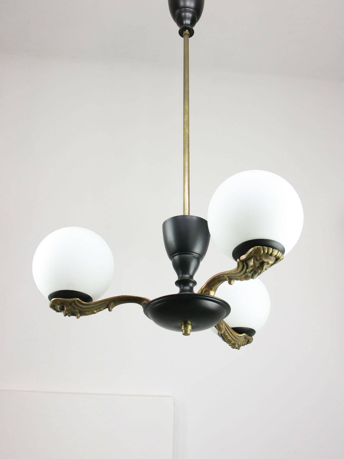 photo for sale Art Deco French Brass And Opaline Chandelier, 1930