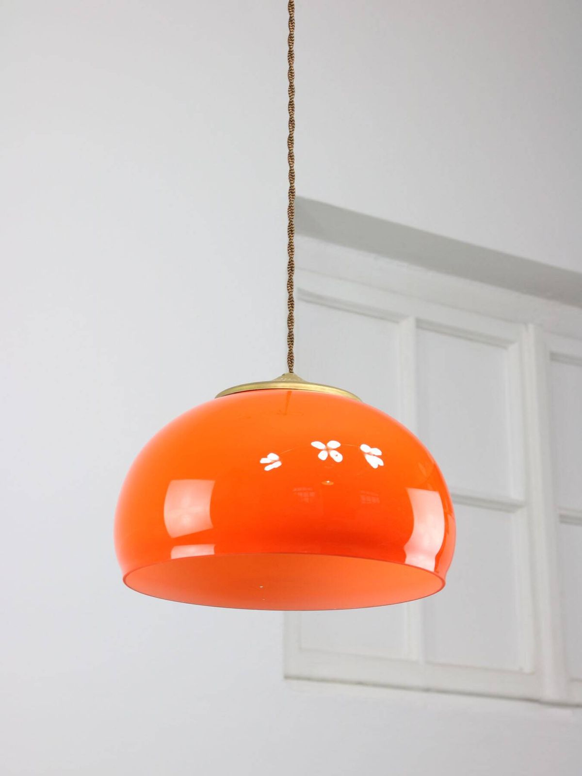 photo for sale Mid Century Italian Pendant Lamp In Orange Glass And Brass