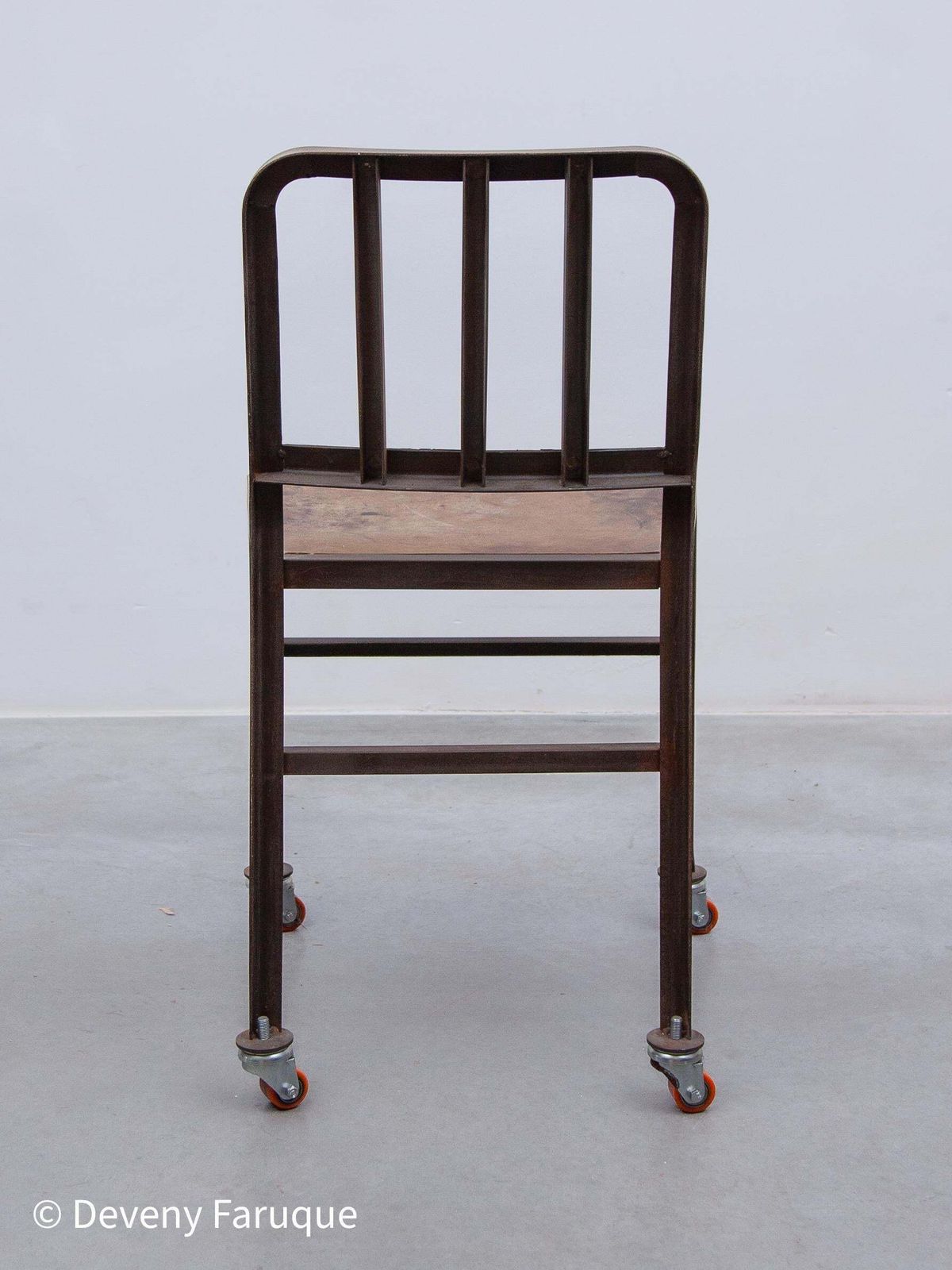 Vintage Set Of Six Emeco Navy Industrial Iron Chairs On Wheels With Wooden Seat photo vinterior