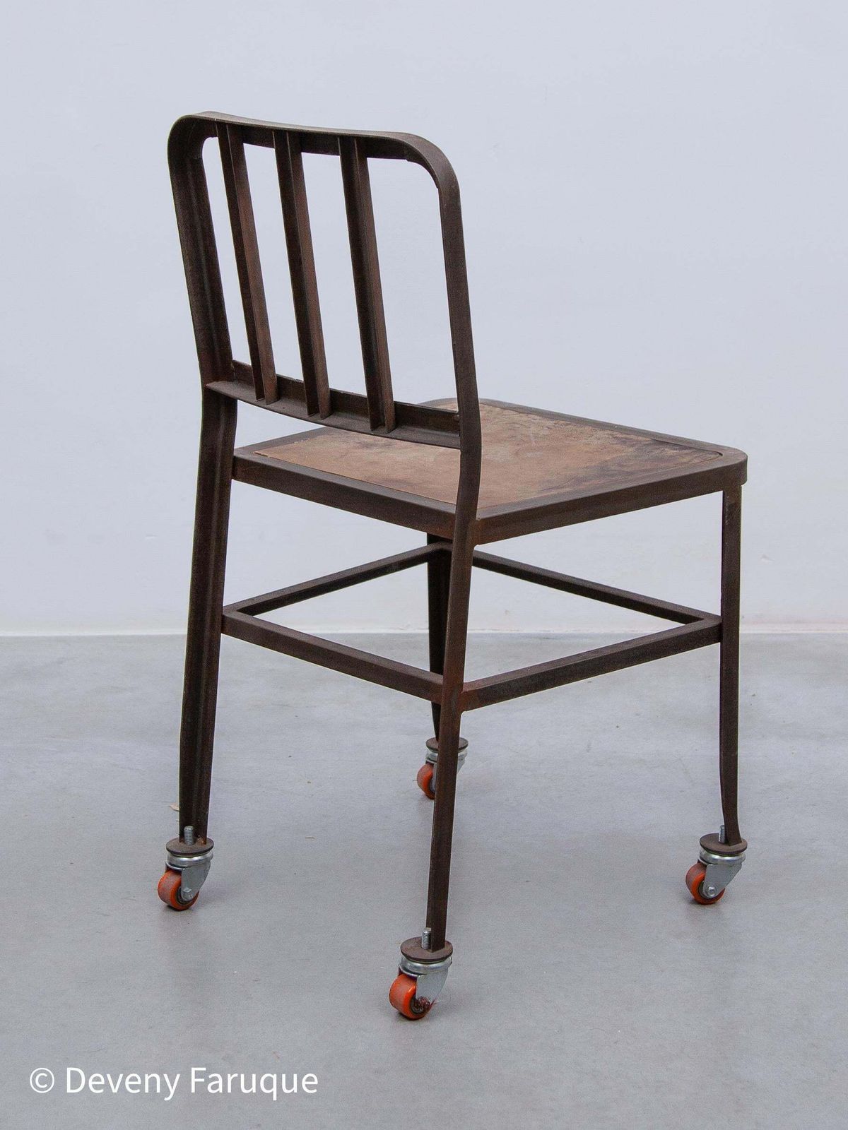 Vintage Set Of Six Emeco Navy Industrial Iron Chairs On Wheels With Wooden Seat photo buy