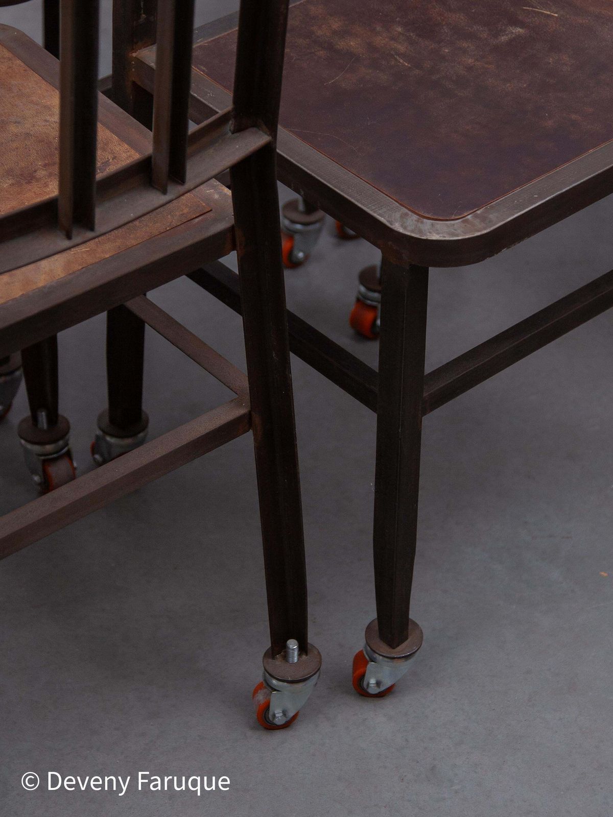 photo buy Vintage Set Of Six Emeco Navy Industrial Iron Chairs On Wheels With Wooden Seat