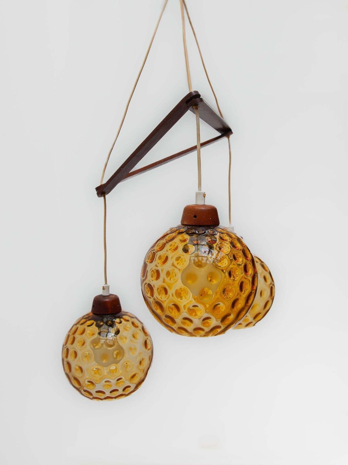 Teak And Amber Glass Bowls Cascade Chandelier Made In Denmark 1950s photo vintage