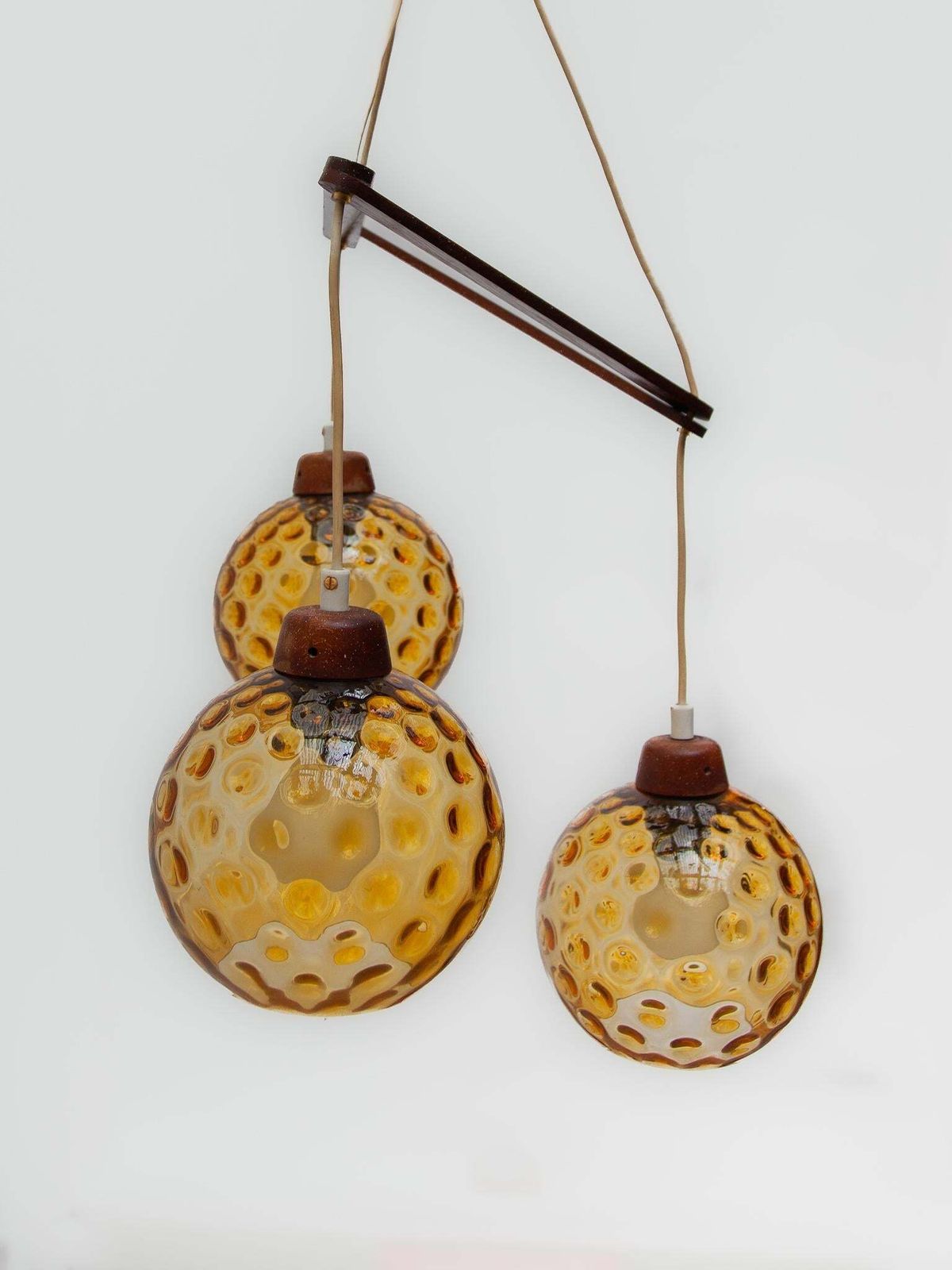photo for sale Teak And Amber Glass Bowls Cascade Chandelier Made In Denmark 1950s