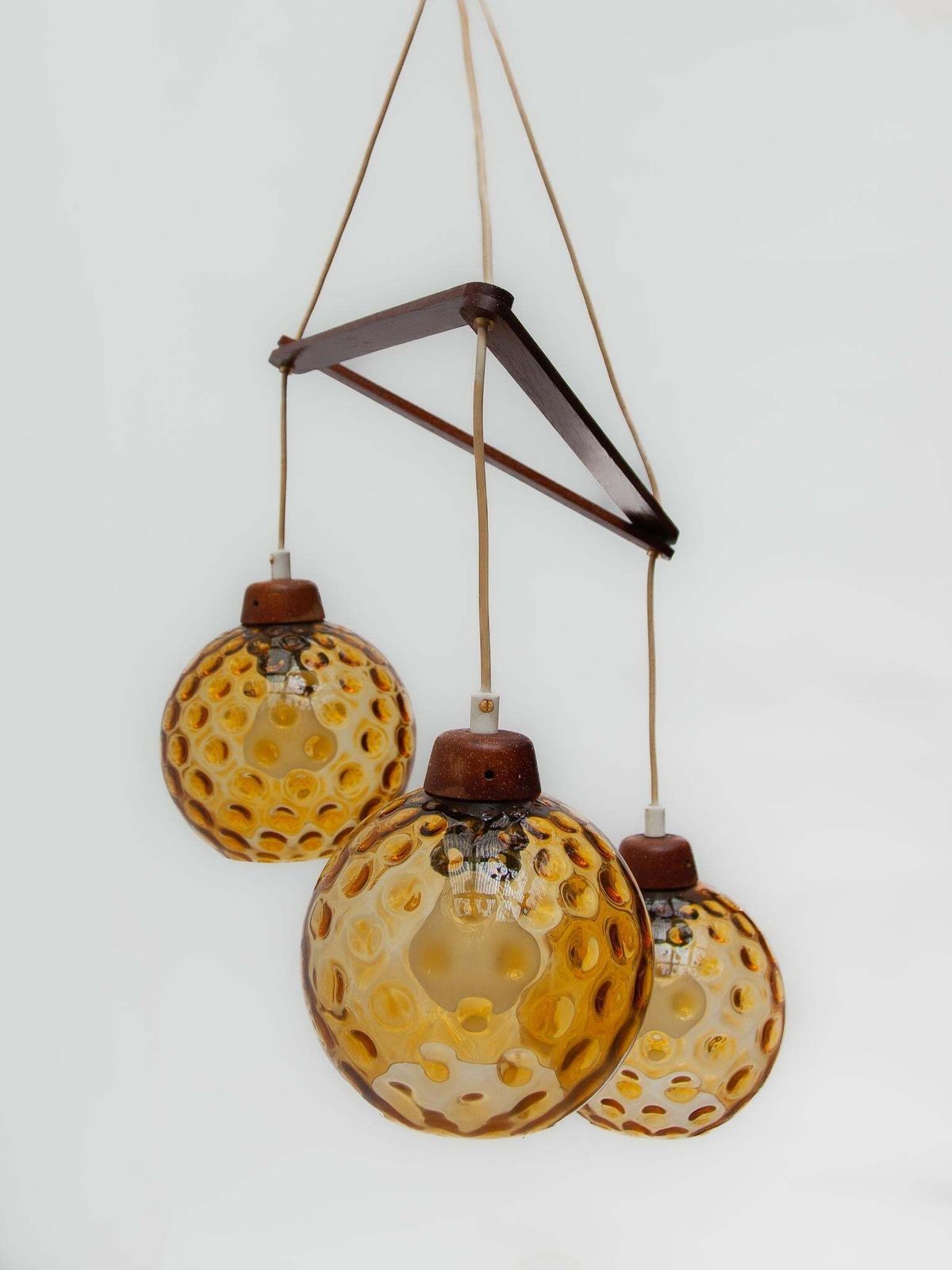 Lighting Teak And Amber Glass Bowls Cascade Chandelier Made In Denmark 1950s photo