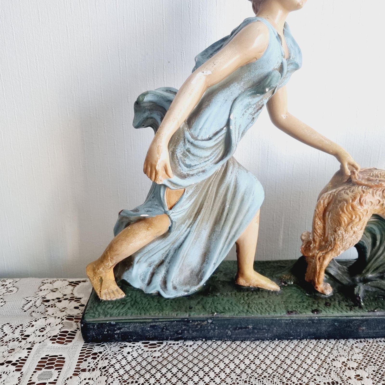 Very Large Italian Depose Art Deco Lady On Plinth With Dogs Figurine photo buy