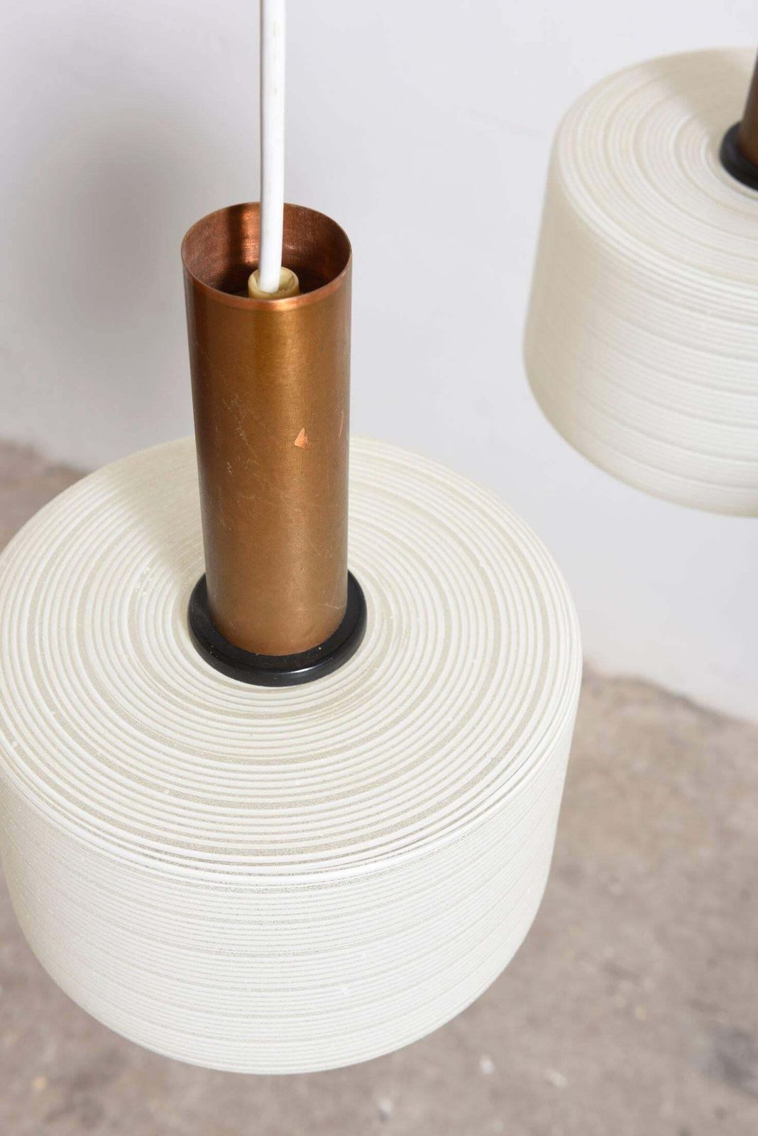 Glass Brass Pendant Three Light Cylinder White Stripe Shades, Tapio Wirkkala photo Lighting