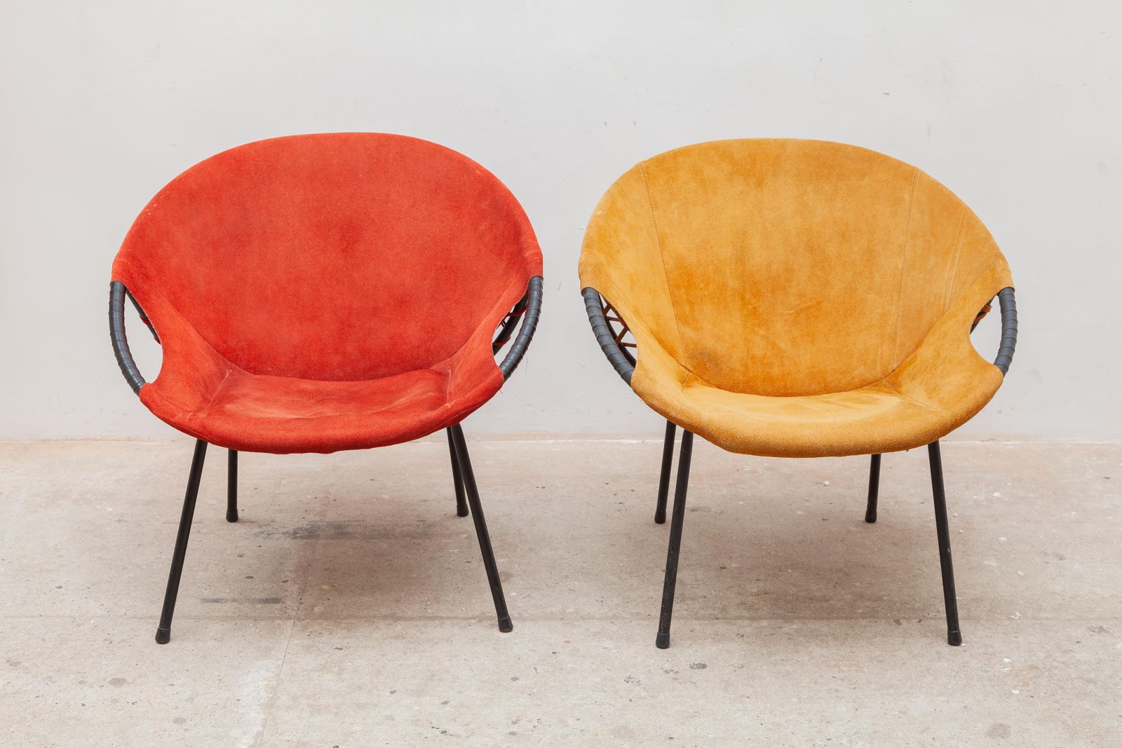 Pair Of Yellow And Red Natural Suede Leather Lounge Fifties Chairs By Hans Olsen photo furniture