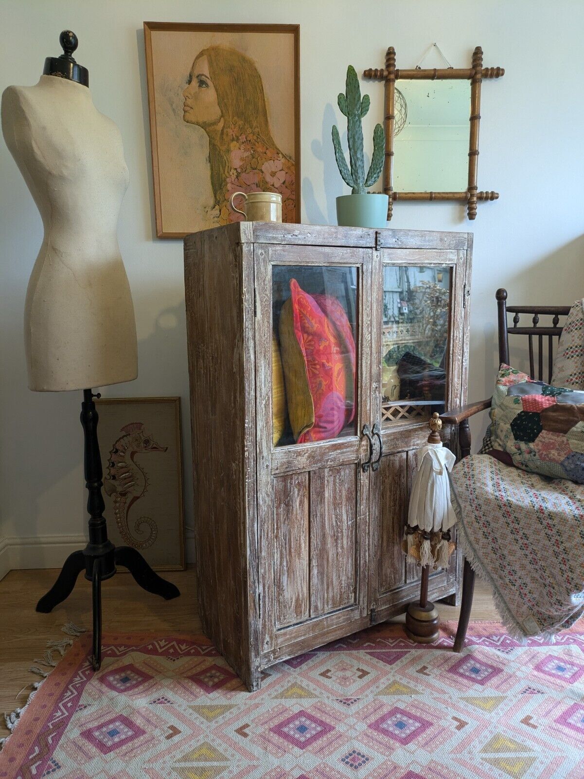 Restored Antique Vtg Wood Indian Cabinet Cupboard Paint Glazed Reclaimed Rustic photo for sale