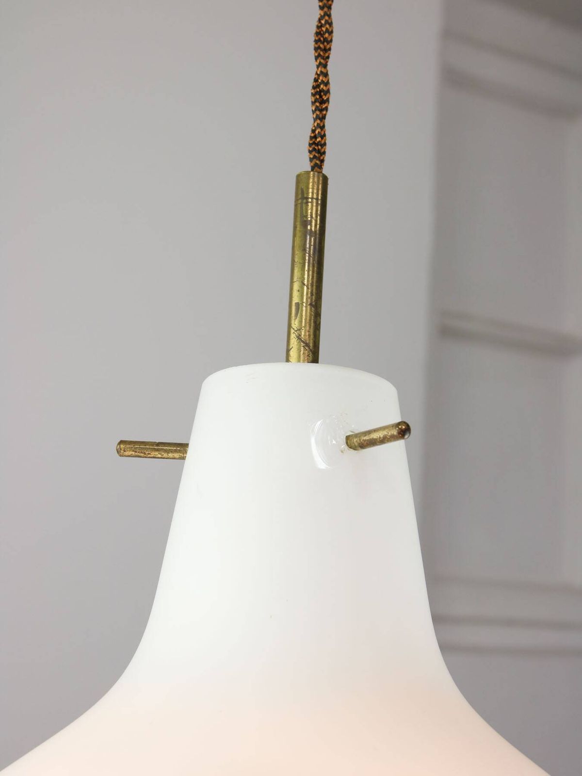 photo vinterior Mid Century Italian Brass And Opaline Glass Pendant Lamp