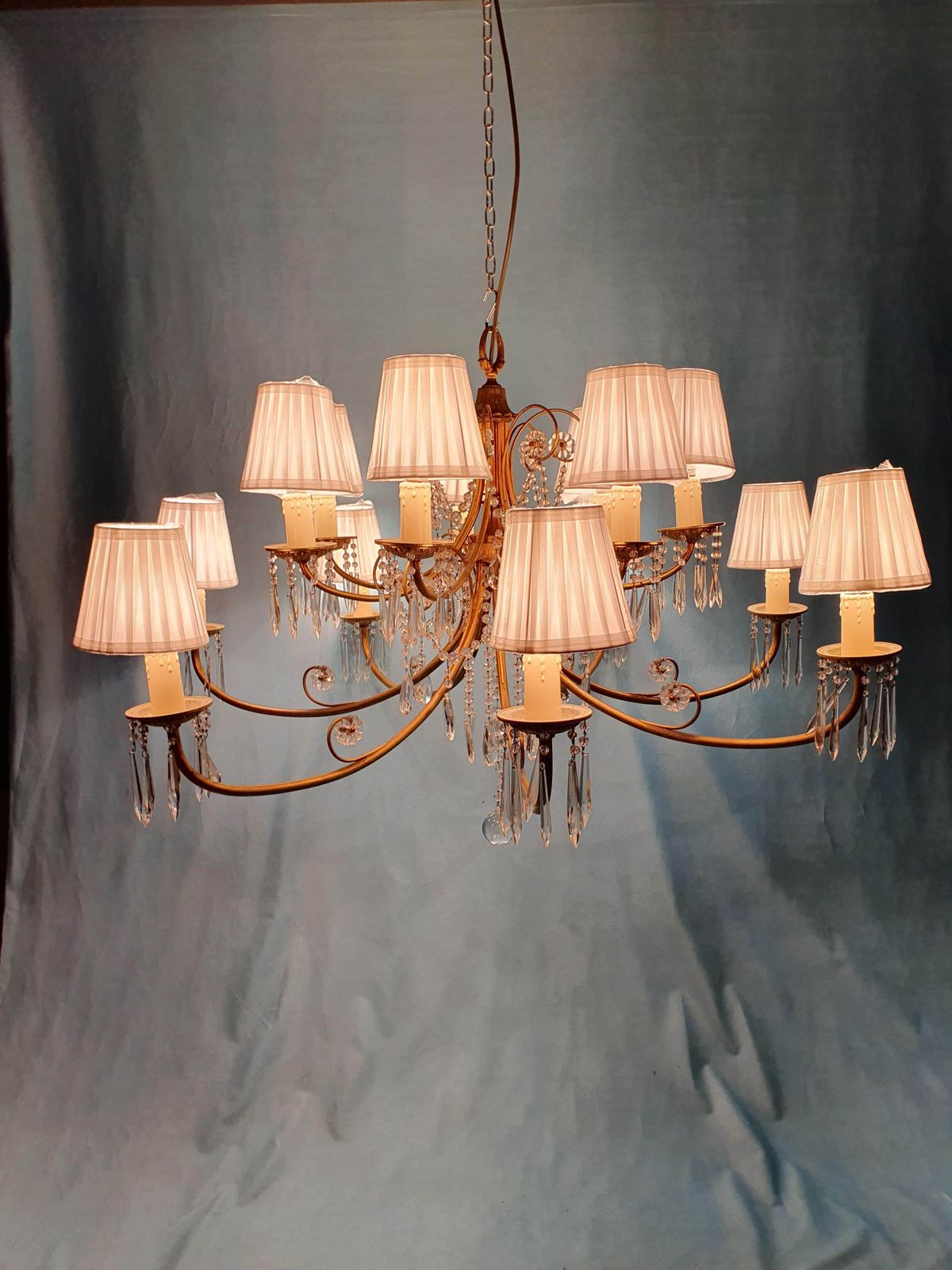 Lighting Early 20th Century Pair Of Large Two Tier Chandeliers With Cut Glass Crystal 42" photo