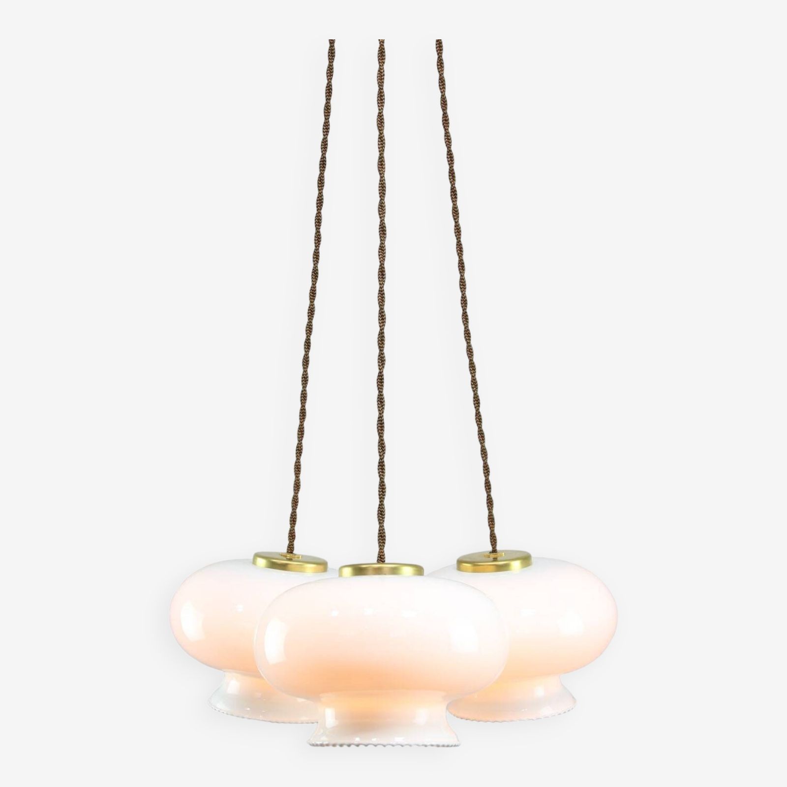 Mid Century Italian Opaline Glass & Brass Pendant Lamp, Set Of 3
