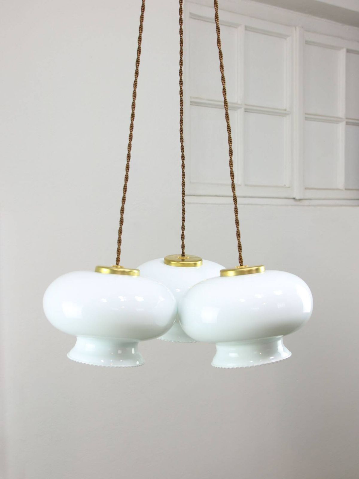 Mid Century Italian Opaline Glass & Brass Pendant Lamp, Set Of 3 photo vintage