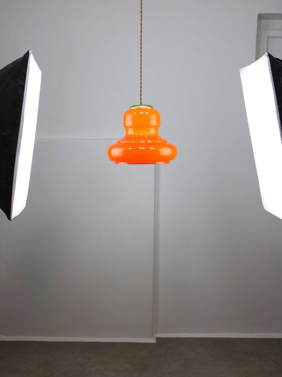 Mid Century Italian Orange Glass And Brass Pendant Lamp photo vintage