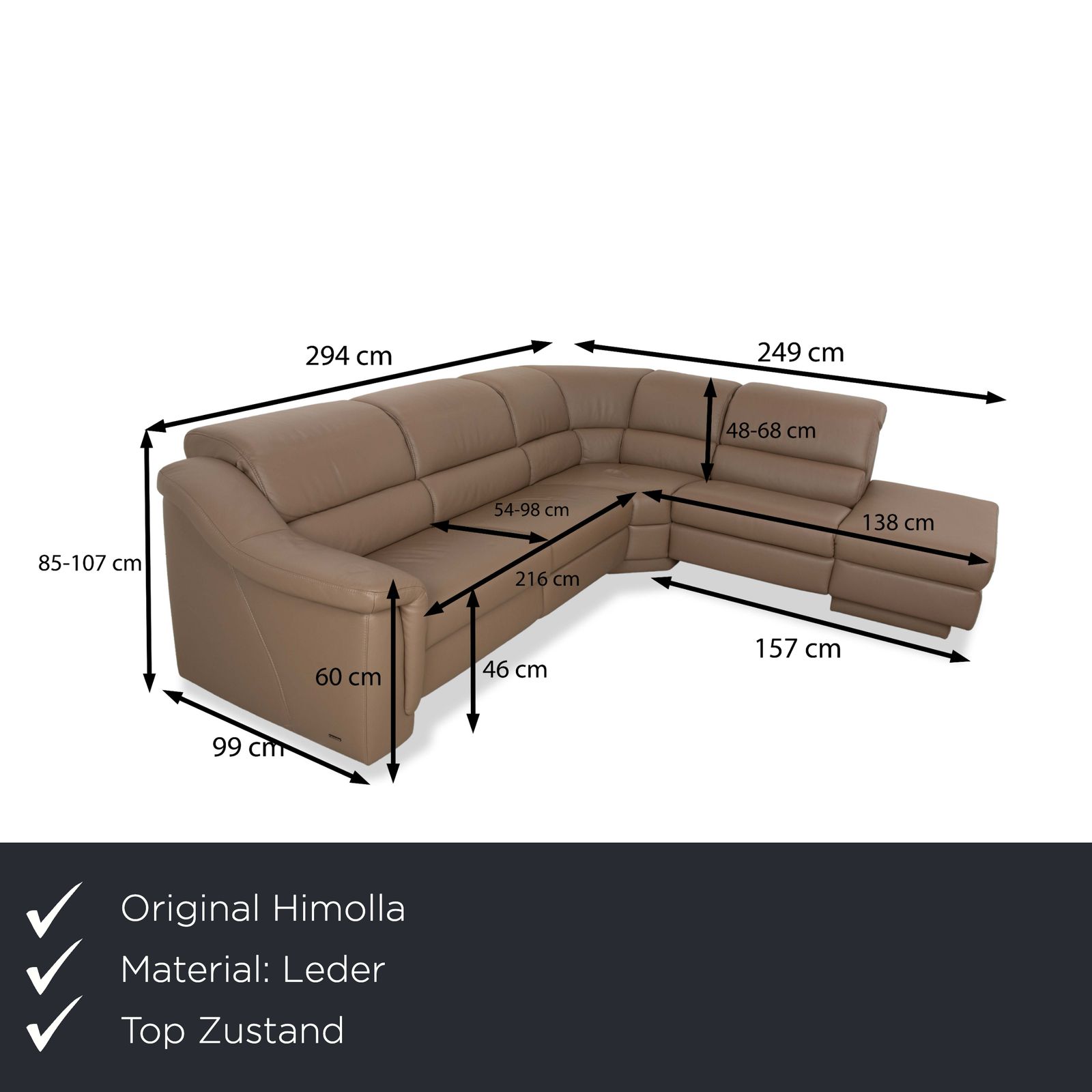 Canapé d'angle Himolla 1301 en cuir beige taupe, récamière droite, fonctions électrique et manuelle photo furniture