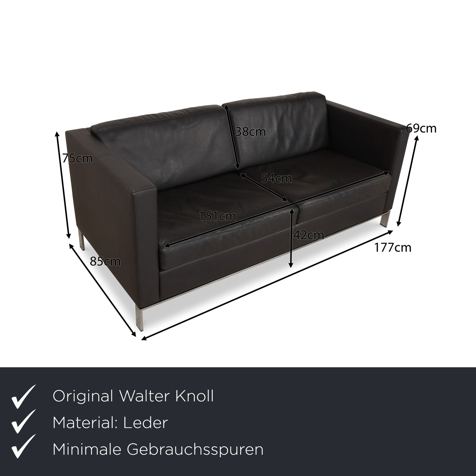 Canapé Walter Knoll Foster 500 en cuir gris anthracite foncé, 3 places photo furniture