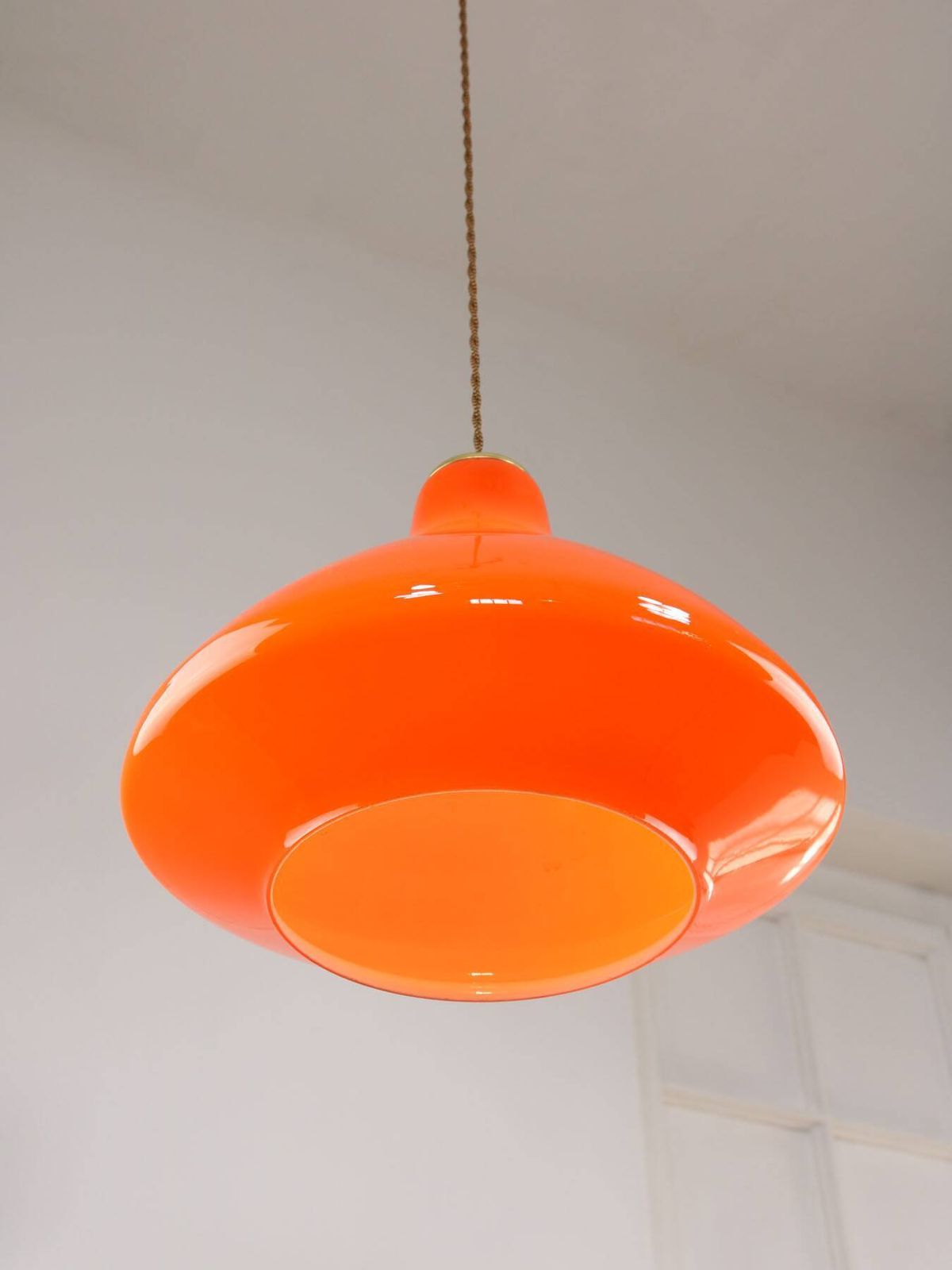 Mid Century Italian Orange Glass And Brass Pendant Lamp photo buy