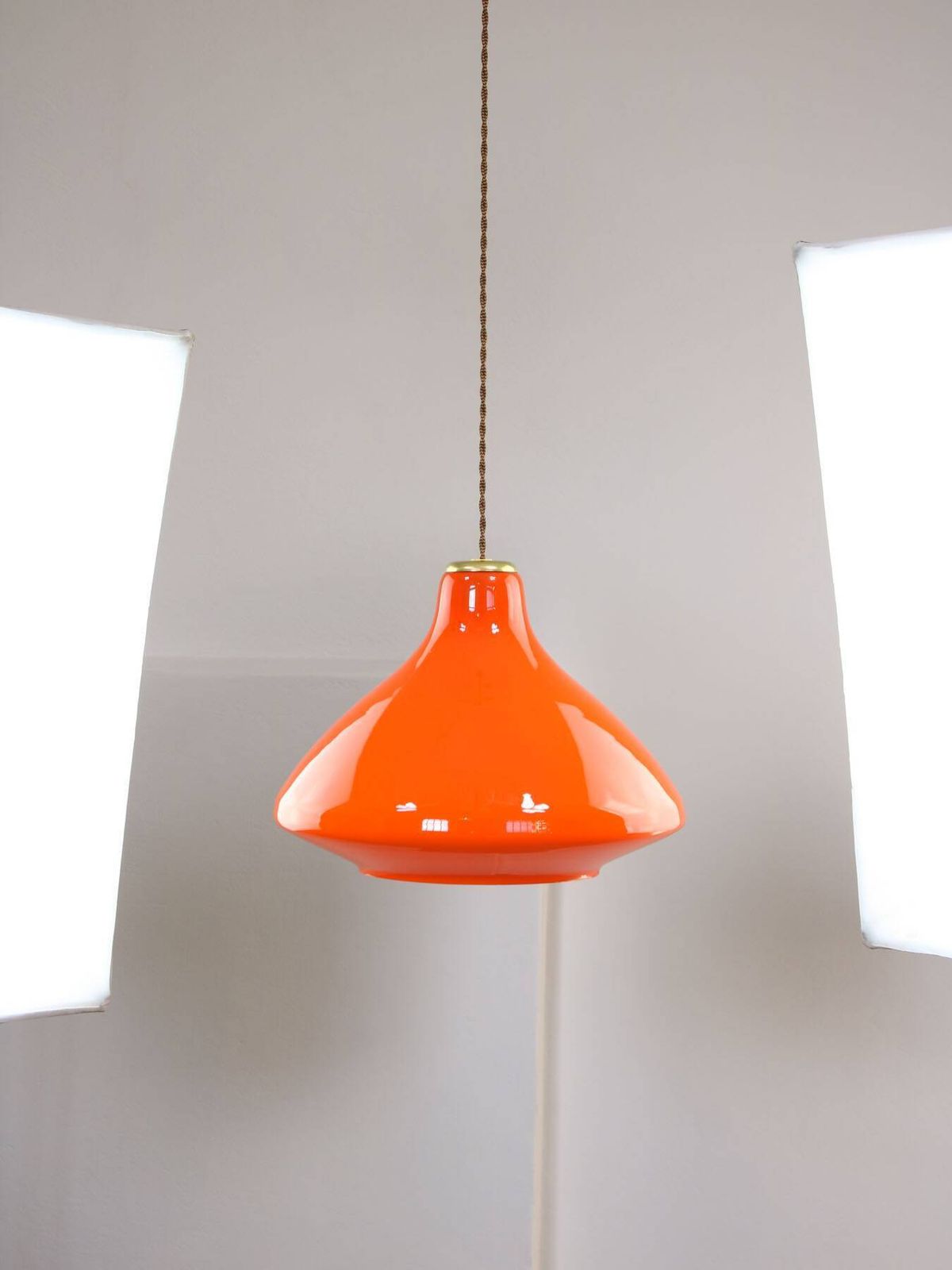 Lighting Mid Century Italian Orange Glass And Brass Pendant Lamp photo