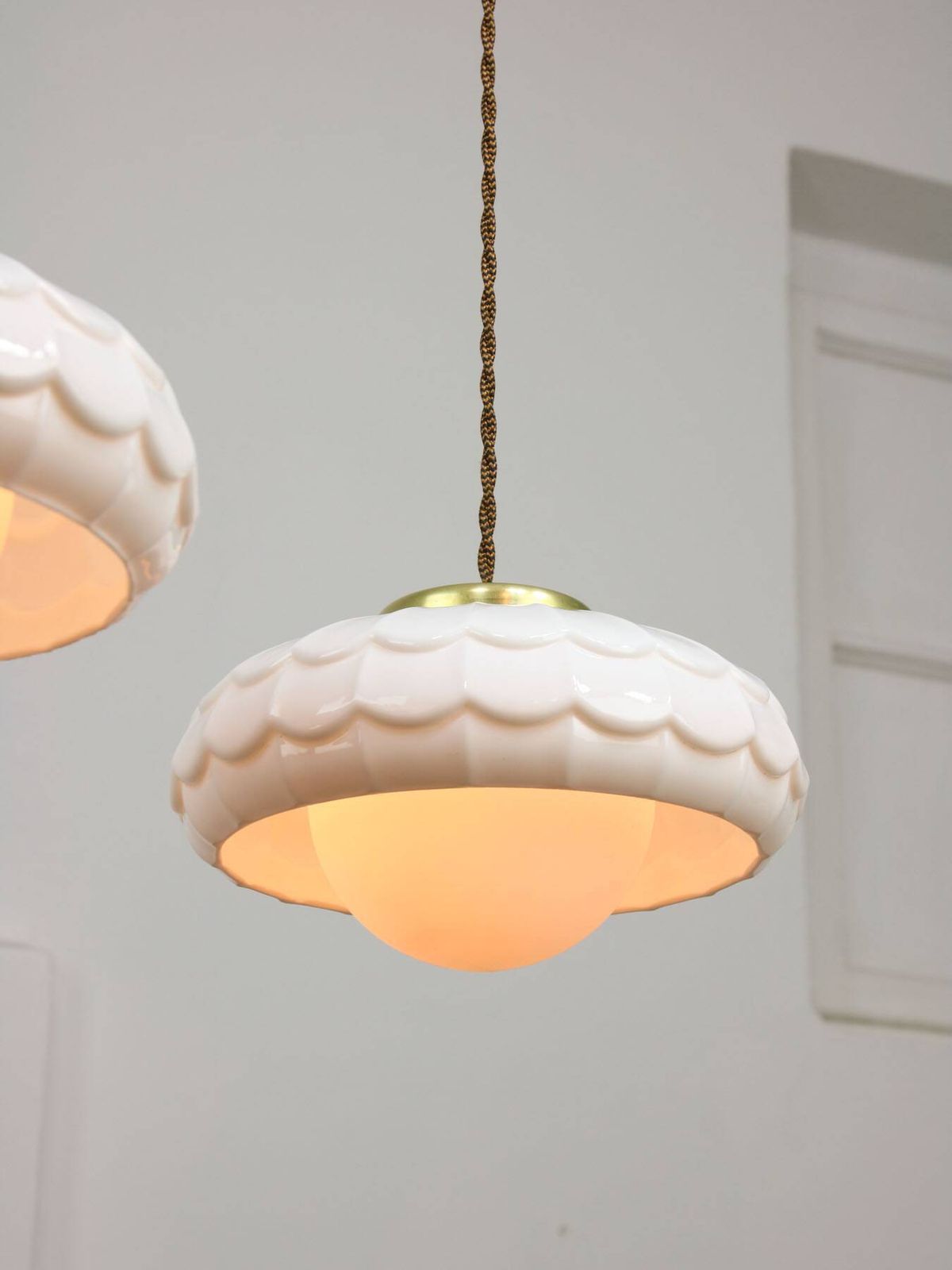 Mid Century Italian Ceramic And Brass Pendant Lamps Set Of 2 photo furniture