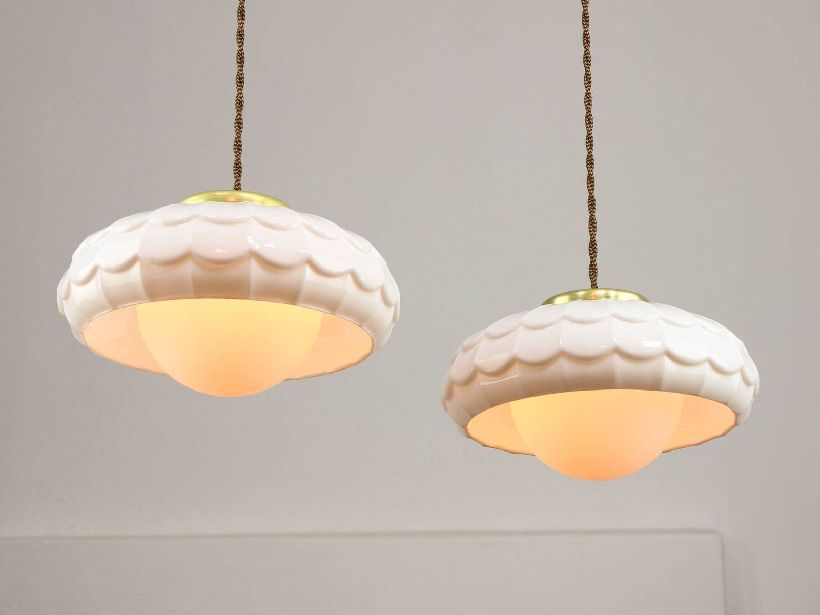 photo vintage Mid Century Italian Ceramic And Brass Pendant Lamps Set Of 2