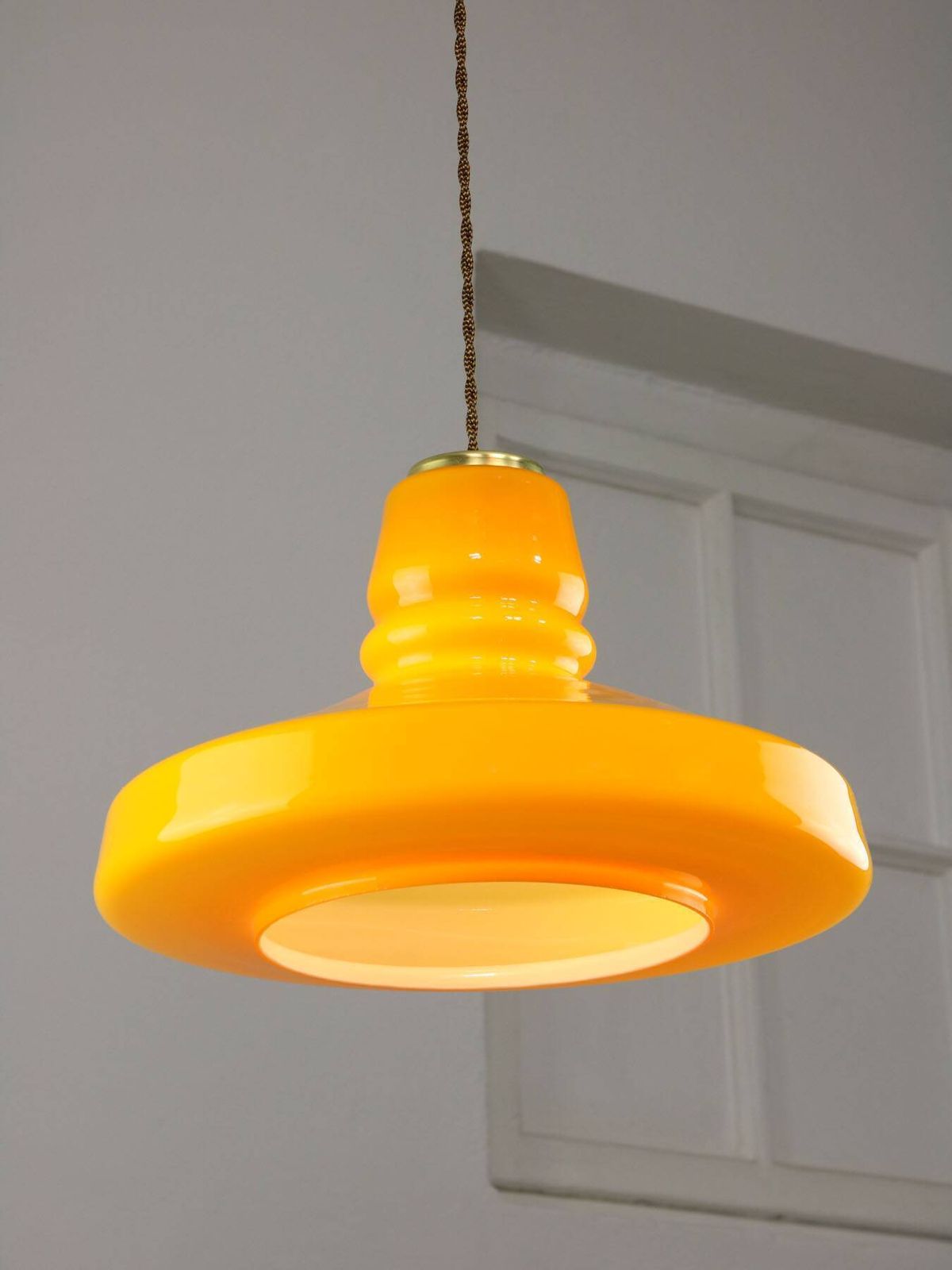 Mid Century Italian Yellow Glass And Brass Pendant Lamp photo furniture