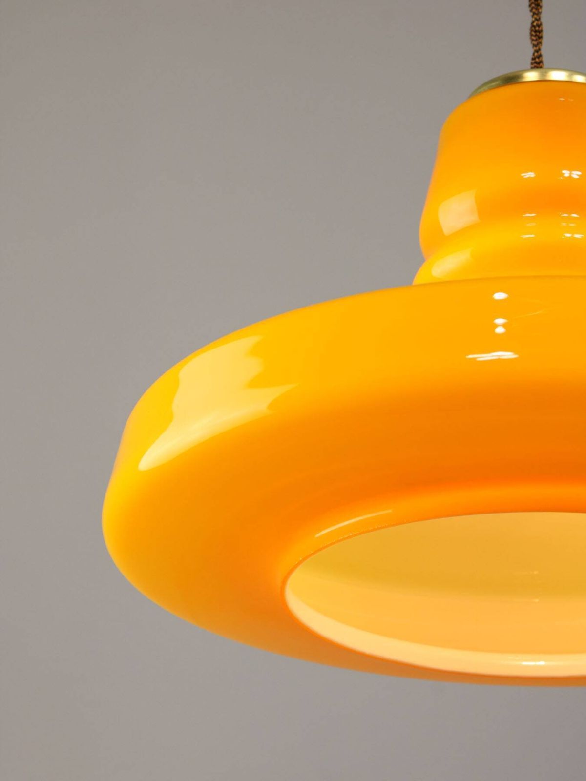 Mid Century Italian Yellow Glass And Brass Pendant Lamp photo for sale