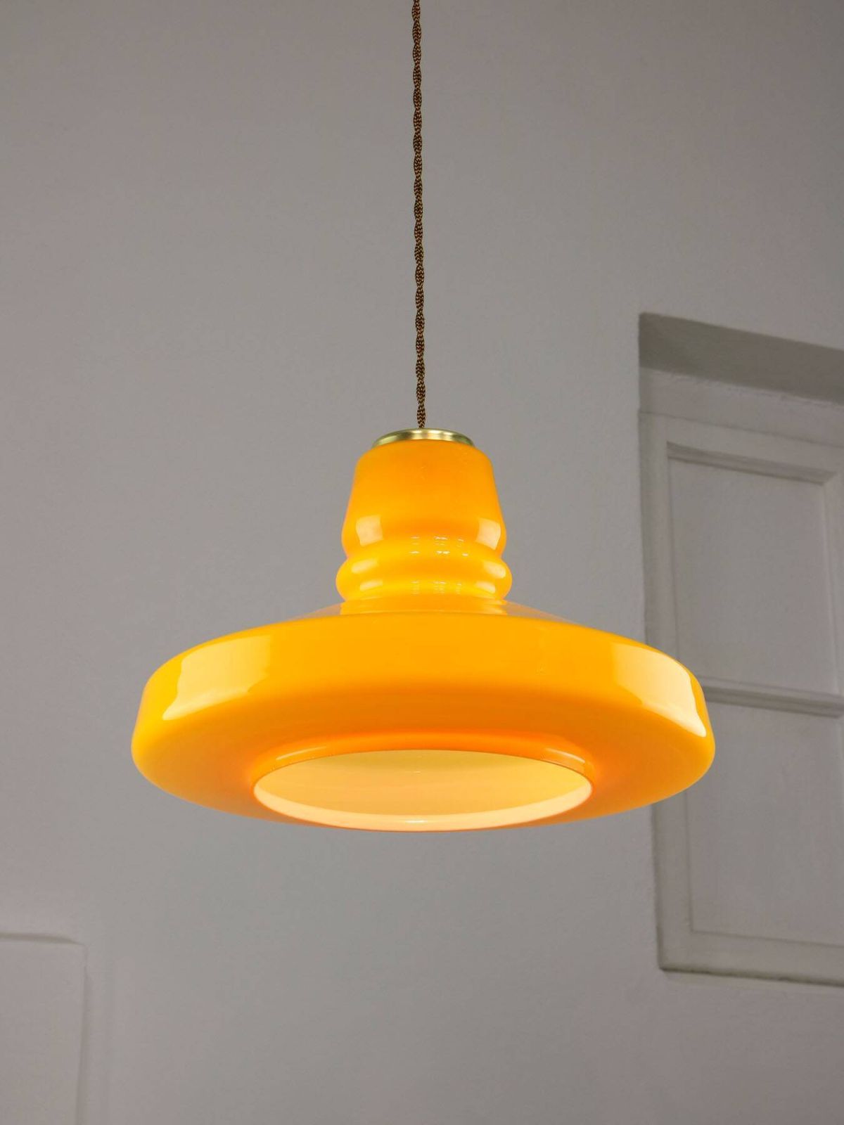 Mid Century Italian Yellow Glass And Brass Pendant Lamp photo 758.0