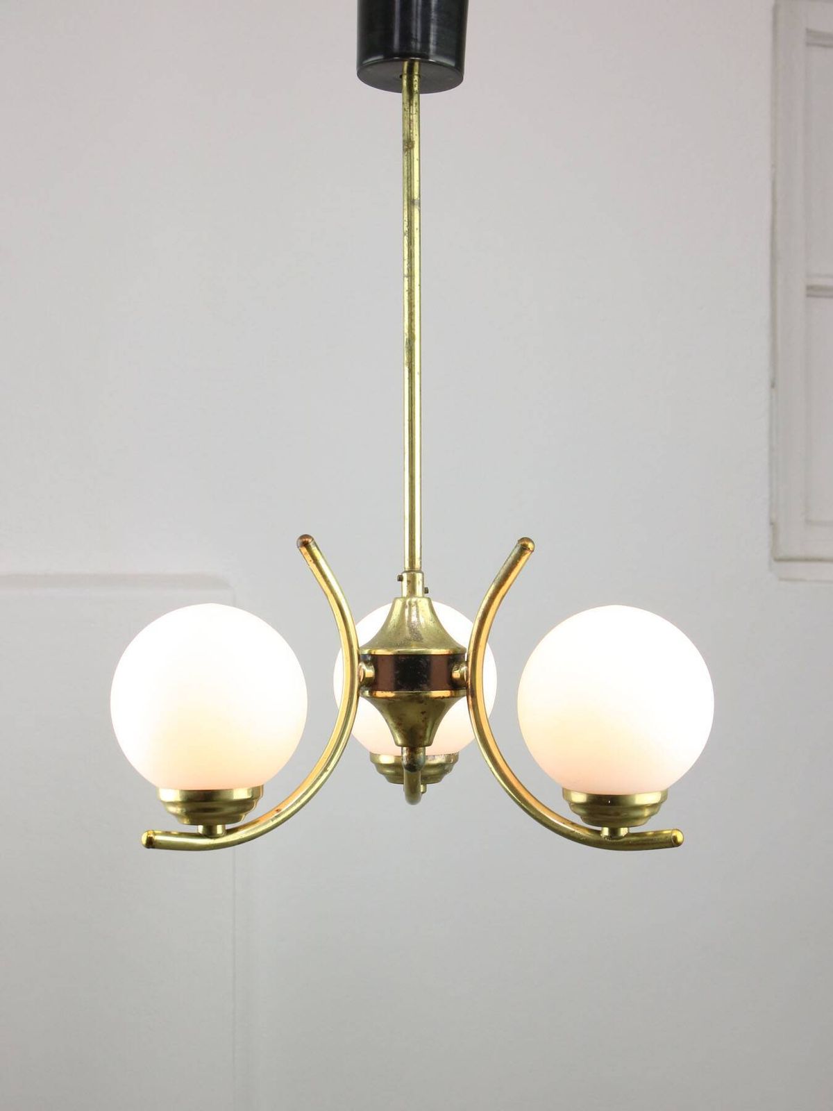 Mid Century Italian Brass And Opaline Chandelier photo vintage