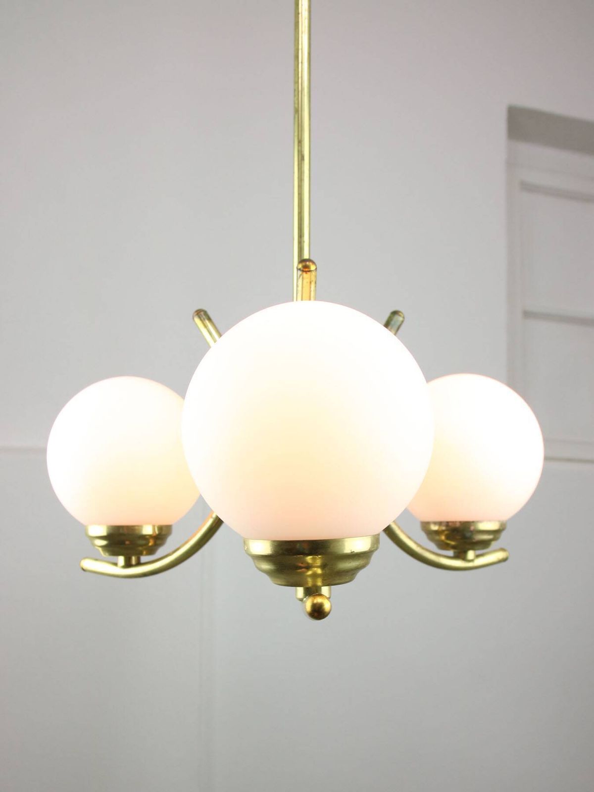 photo furniture Mid Century Italian Brass And Opaline Chandelier