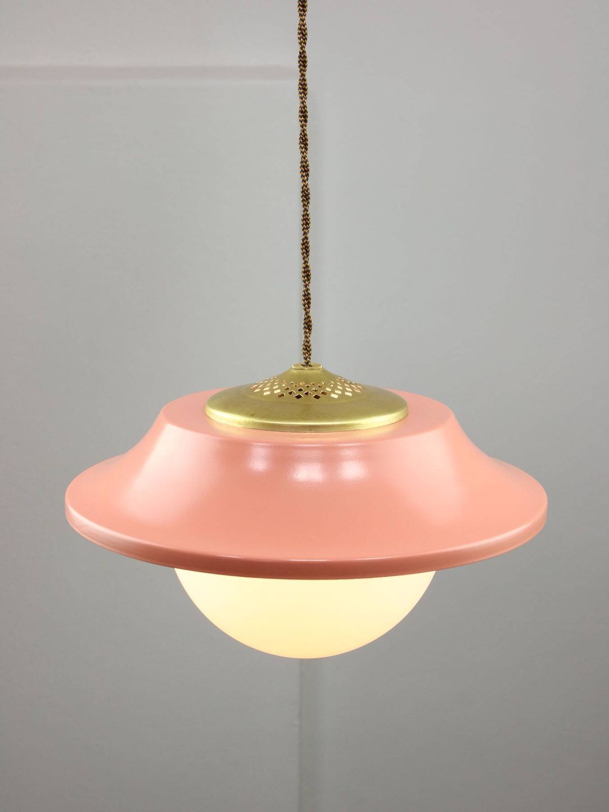 Mid Century Italian Pink Metal And Brass Pendant Lamp photo furniture