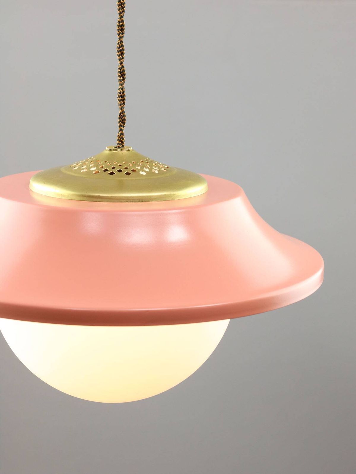Mid Century Italian Pink Metal And Brass Pendant Lamp photo for sale