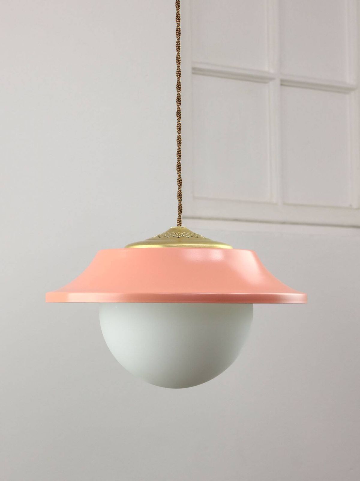 Lighting Mid Century Italian Pink Metal And Brass Pendant Lamp photo