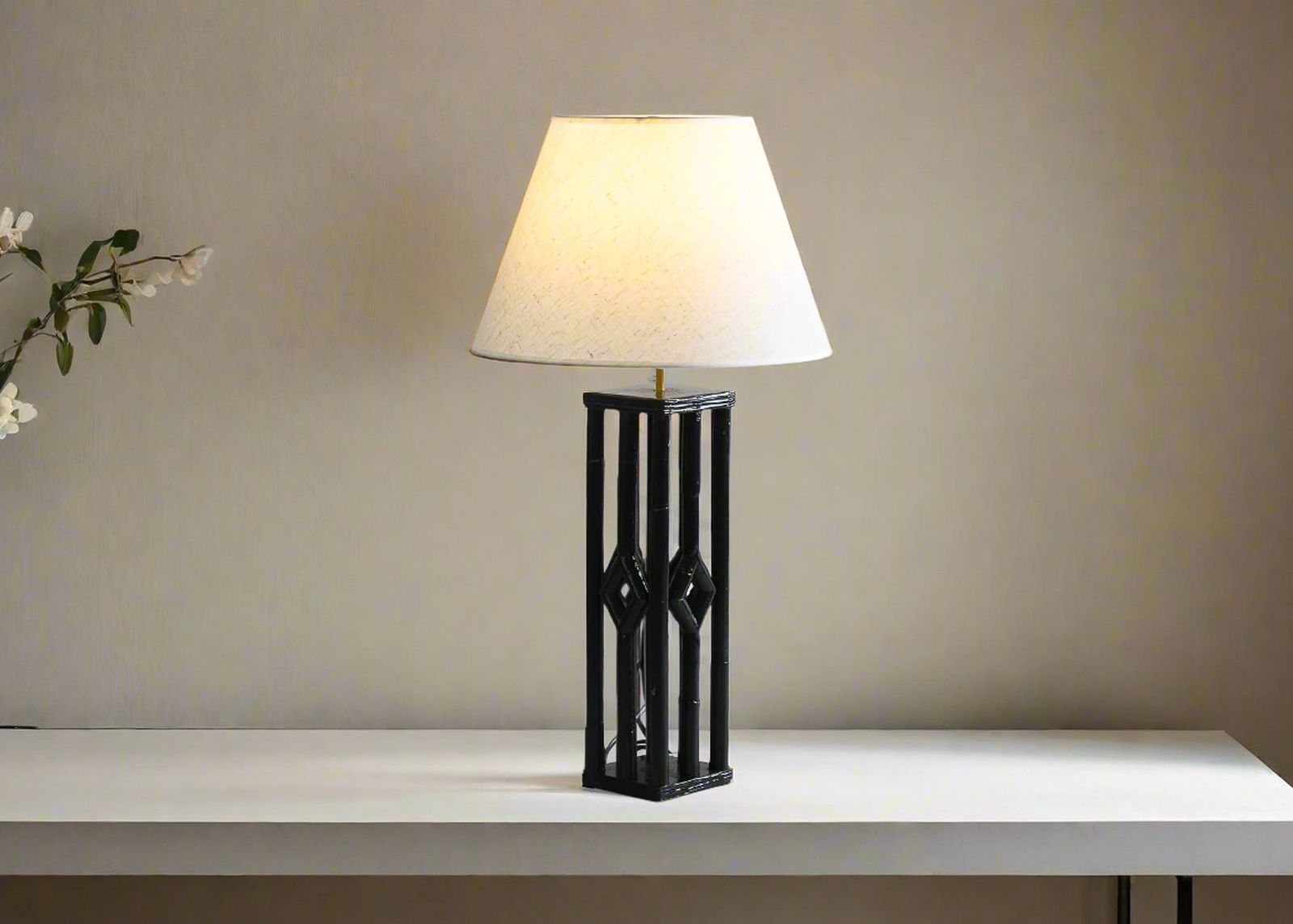 Rattan Table Lamp Black Lacquered Colonial Style photo 578.0
